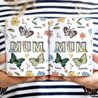 Nana Mom Birth Butterflies - 3D Inflated Effect Printed Mug, Personalized White Edge-to-Edge Mug