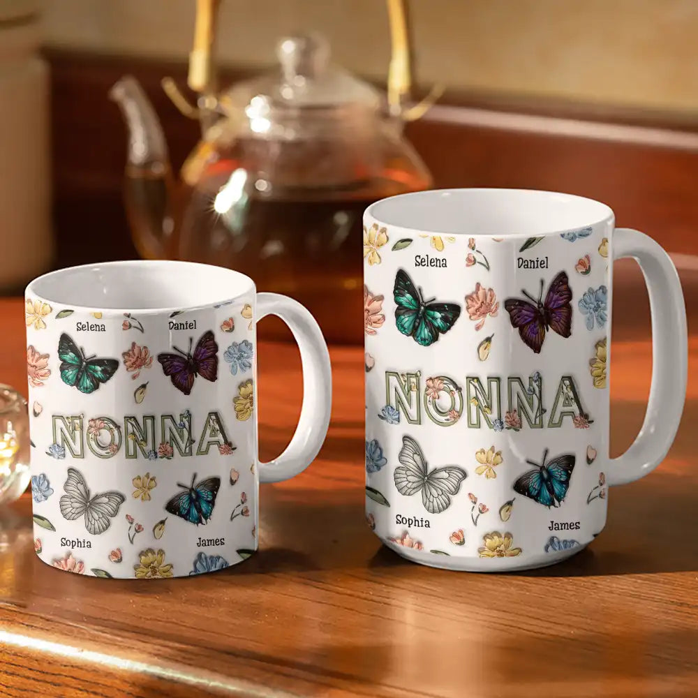 Nana Mom Birth Butterflies - 3D Inflated Effect Printed Mug, Personalized White Edge-to-Edge Mug