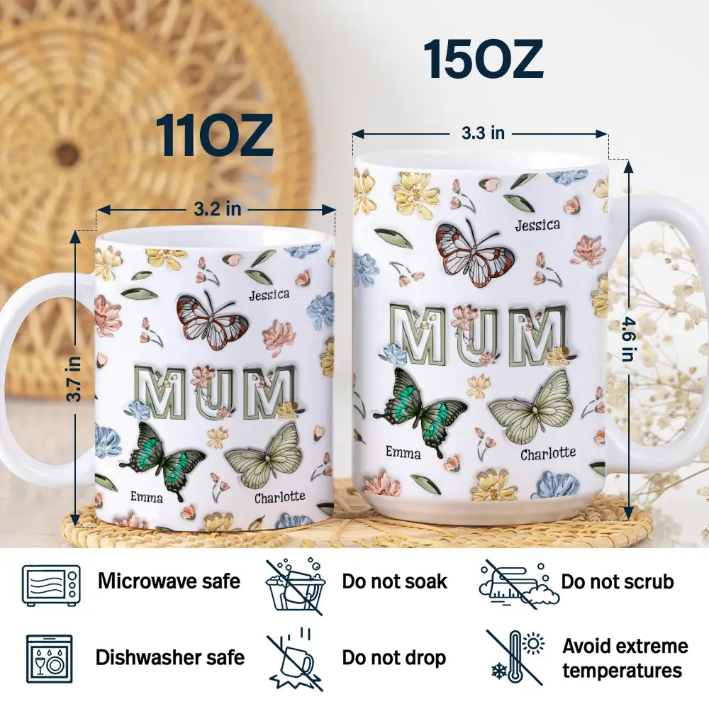 Nana Mom Birth Butterflies - 3D Inflated Effect Printed Mug, Personalized White Edge-to-Edge Mug