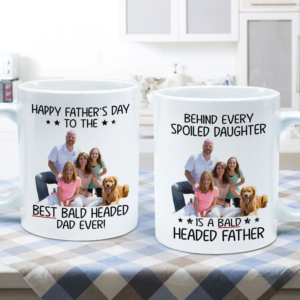 Behind Spoiled Daughter Is Bald Headed Father Photo Inserted Funny Father's Day Gift For Dad Personalized Mug