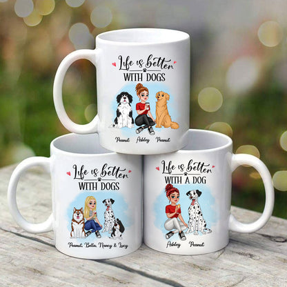Life Better With Dog Pretty Cartoon Woman & Sitting Dog Personalized Mug