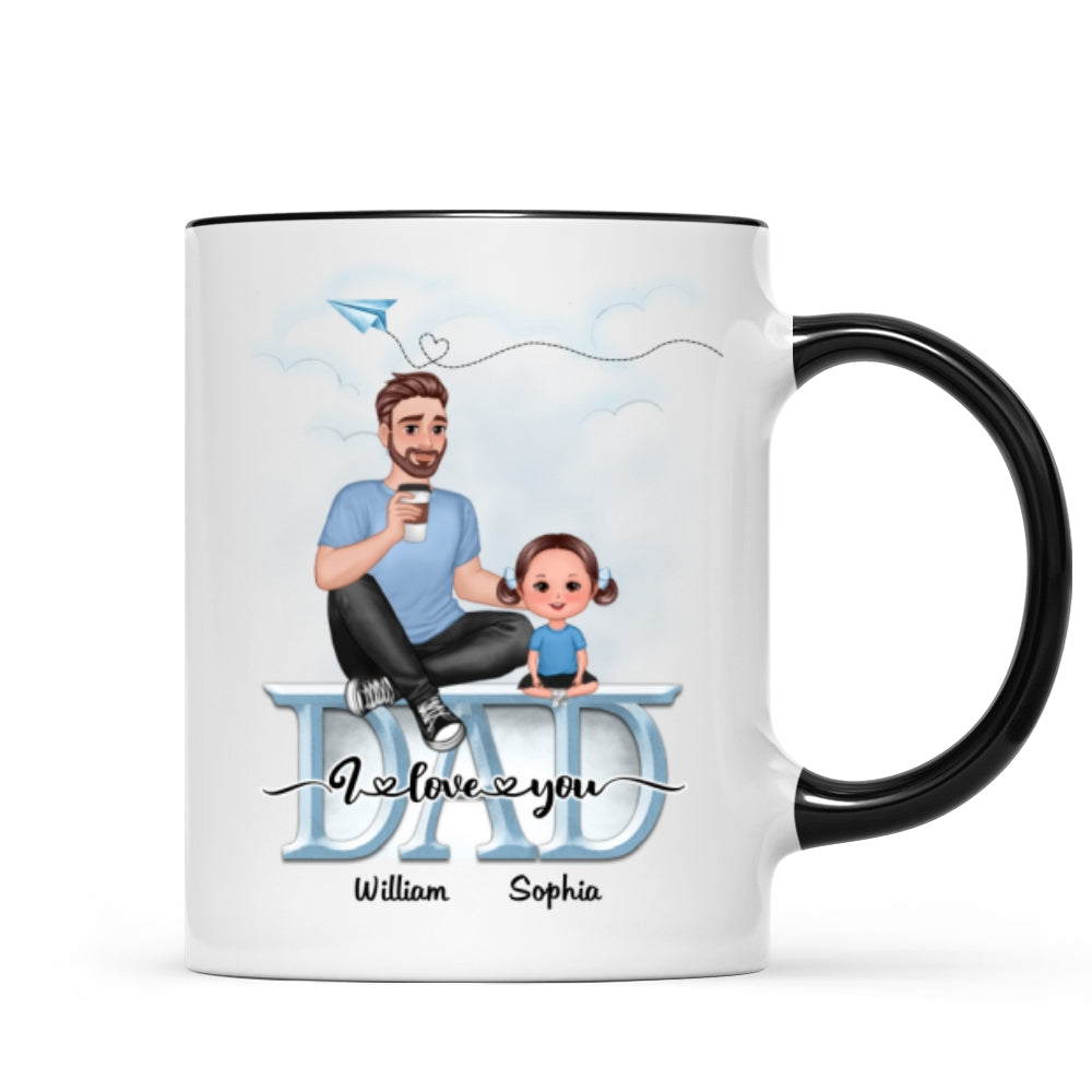 Dad We Love You Cartoon Dad & Doll Kids Sitting On Word Personalized Mug