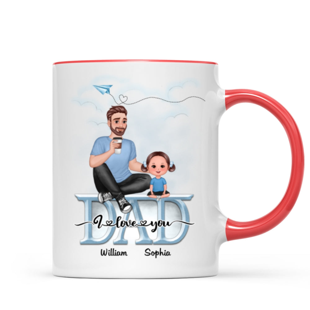 Dad We Love You Cartoon Dad & Doll Kids Sitting On Word Personalized Mug