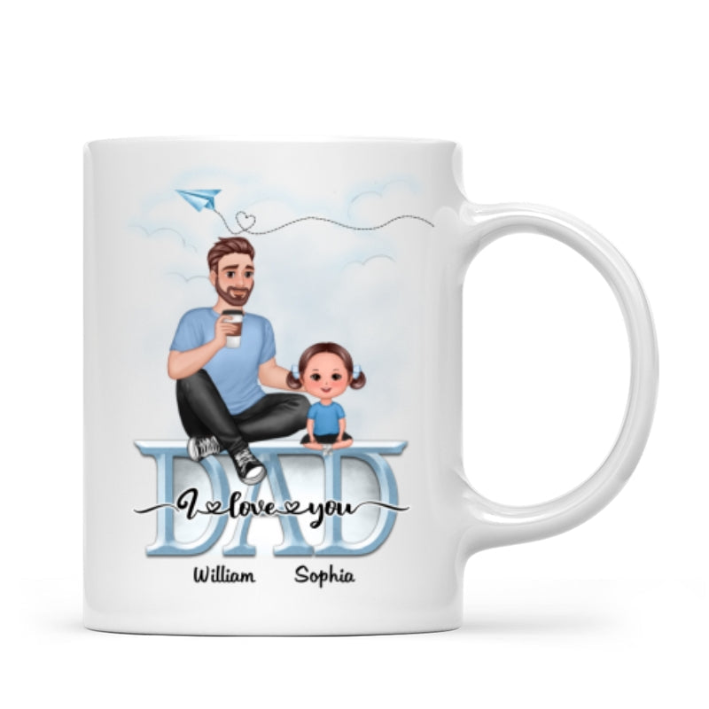 Dad We Love You Cartoon Dad & Doll Kids Sitting On Word Personalized Mug