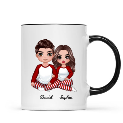 Christmas Doll Couple Sitting Hugging Personalized Mug