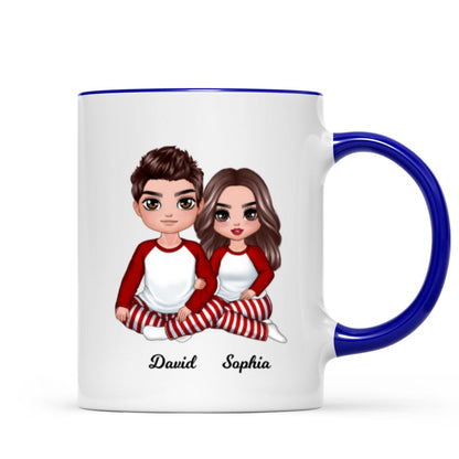 Christmas Doll Couple Sitting Hugging Personalized Mug