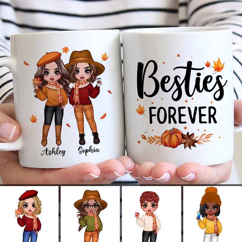 Fall Season Doll Besties Best Friends Standing Personalized Mug (11oz)