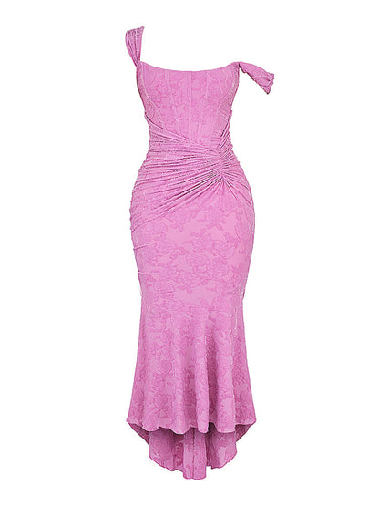 Rose Pink Floral Corset Ruffle Ruched Maxi Dress