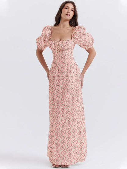 Floral Print Square Neckline Puff Sleeves Maxi Dress