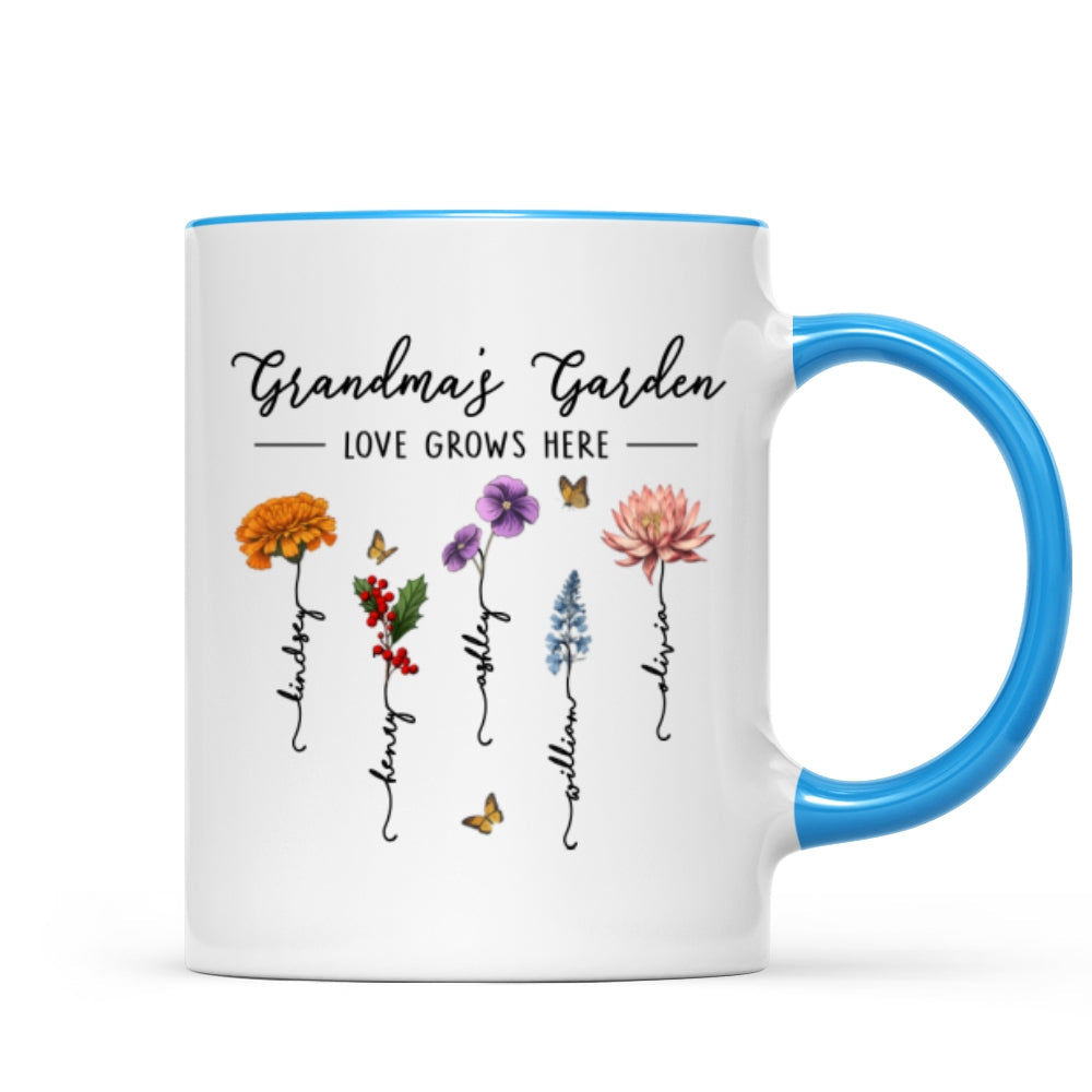Grandma's Garden Love Grows Here Beautiful Birth Month Flower Gift For Grandma Mom Personalized Mug