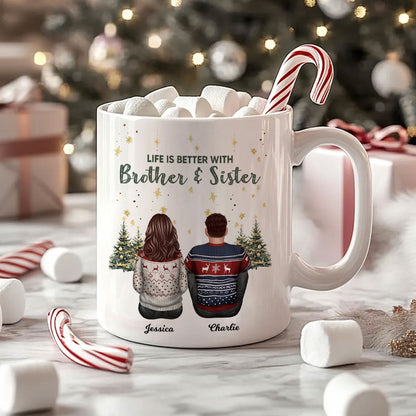 Brother Sisters Christmas Tree Personalized Mug, Christmas Gift for Siblings