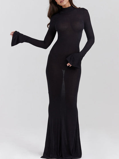 Black Knit Fluted Sleeves Backless Sheer Maxi Dress