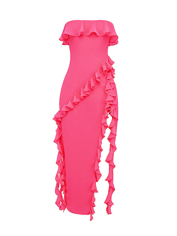 Fuchsia Strapless Ruffle Side Slit Maxi Dress