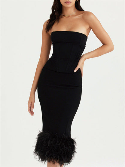 Strapless Feather Trim Midi Prom Black Dress