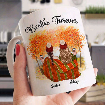 Fall Season Best Friends Sisters With Blanket In Forest Personalized Mug