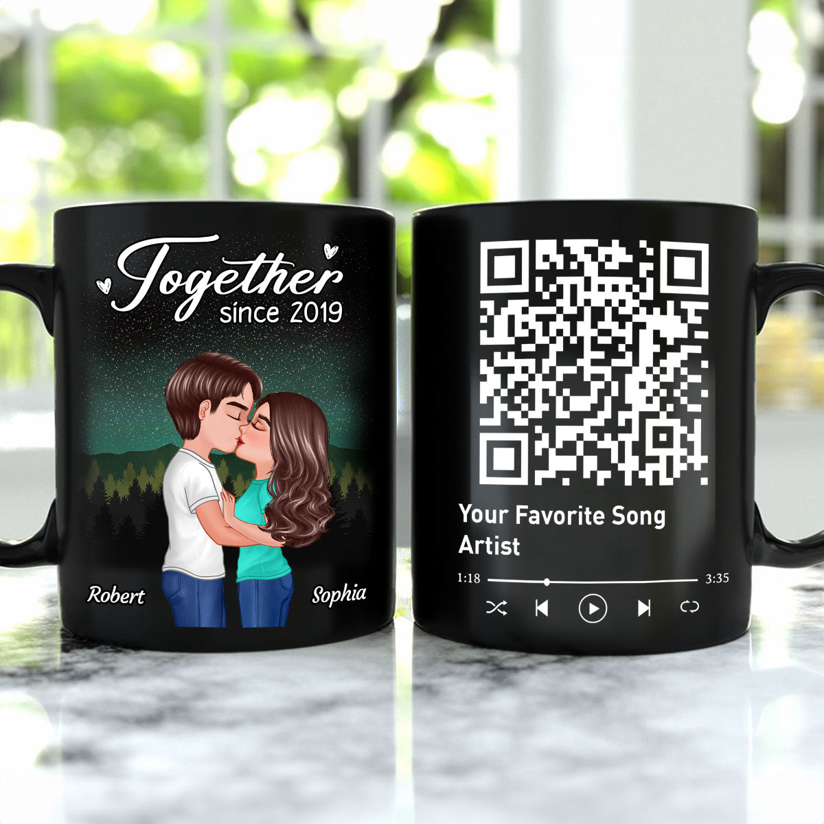 Doll Couple Kissing Under Star Night QR Code Calendar Personalized Black Mug
