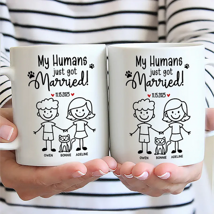 Personalized Ceramic Mug Our Humans Are Getting Married Stick Figure Couple Holding Hands Cute Pet Paws Unique Gift