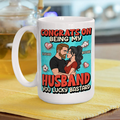 Personalized Ceramic Mug Congrats On Being My Husband Cute Cartoon Couple Hugging Funny Unique Gift For Him