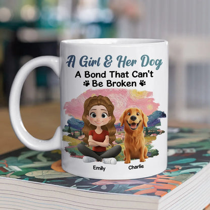 A Girl & Her Dog Ceramic Mug, Personalized Keepsake Gift for Dog Moms, Cute Sunset Illustration for Cozy Coffee