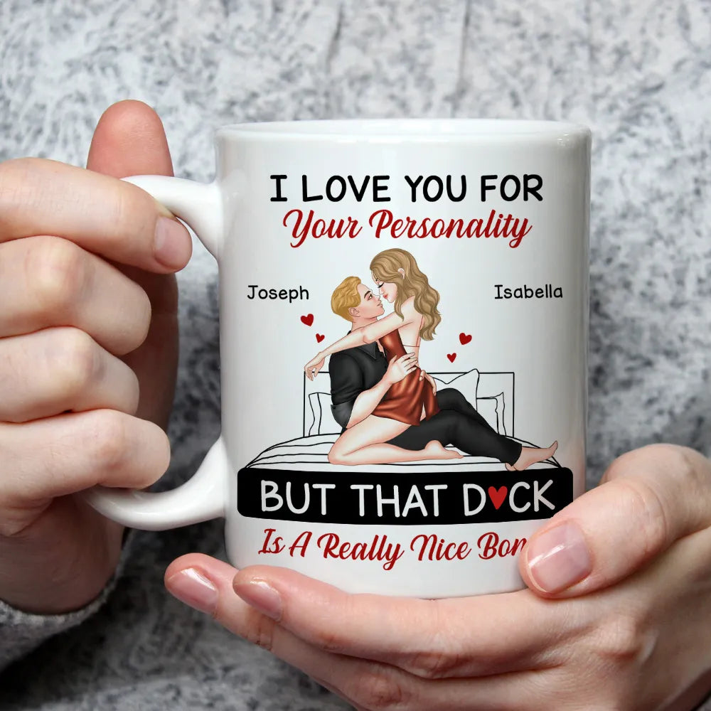Personalized White Ceramic Mug for Couples with Hugging Bed Scene Fun Romantic Coffee Gift, A Really Nice Bonus Surprise
