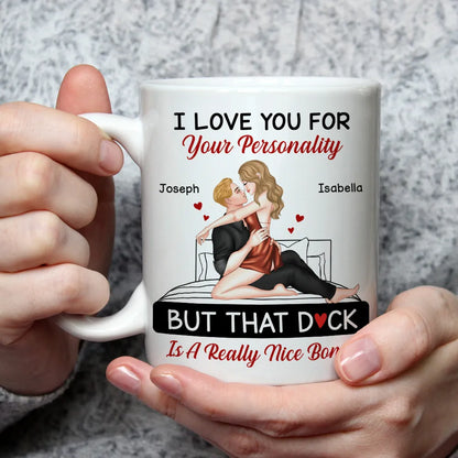 Personalized White Ceramic Mug for Couples with Hugging Bed Scene Fun Romantic Coffee Gift, A Really Nice Bonus Surprise