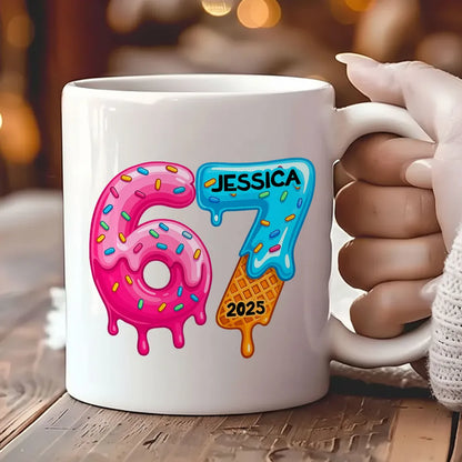 Personalized "67" Christmas Mug with Cute Cookie Design, Custom Name Holiday Gift for Kids, Teens & Grandkids