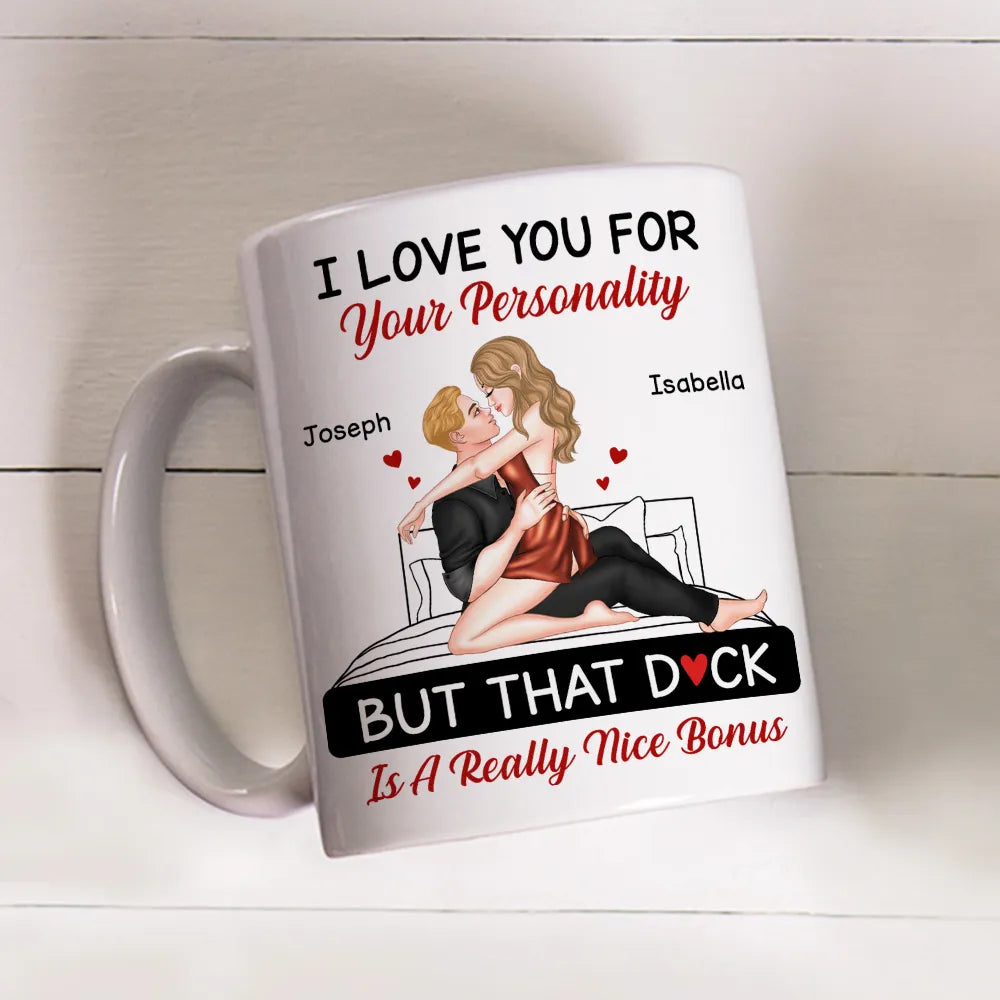 Personalized White Ceramic Mug for Couples with Hugging Bed Scene Fun Romantic Coffee Gift, A Really Nice Bonus Surprise