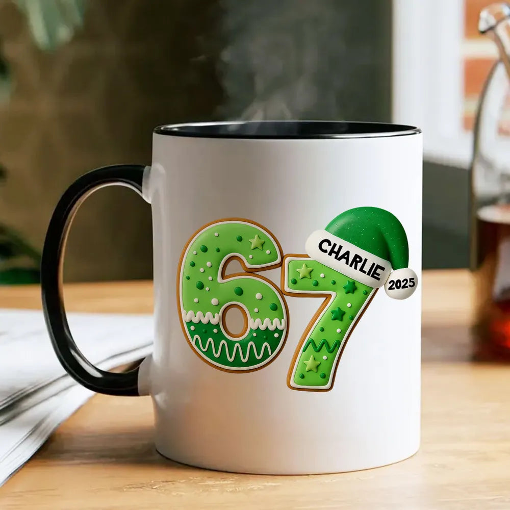 Personalized "67" Christmas Mug with Cute Cookie Design, Custom Name Holiday Gift for Kids, Teens & Grandkids