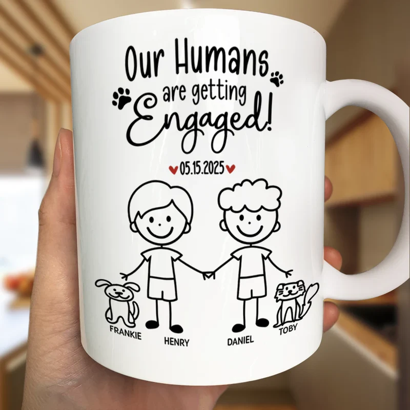 Personalized Ceramic Mug Our Humans Are Getting Married Stick Figure Couple Holding Hands Cute Pet Paws Unique Gift