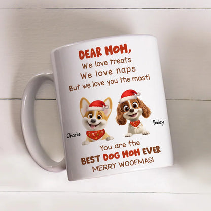 Personalized Mug for Pet Parent - Christmas Cartoon Pups, Custom Quote, Cozy Holiday Cheer, a unique gift for Dog Mom or Dad