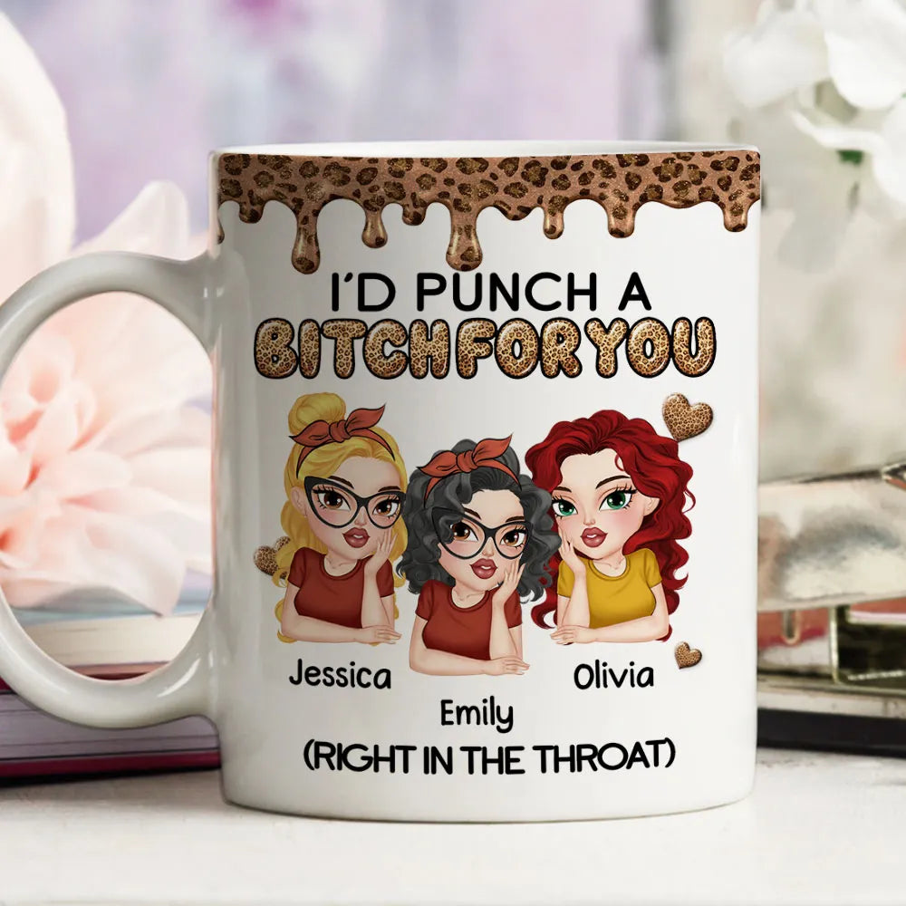 Personalized Sassy Best Friend Ceramic Mug With Cartoon Besties And Hearts, Funny Unique Gift For Coworker Or BFF