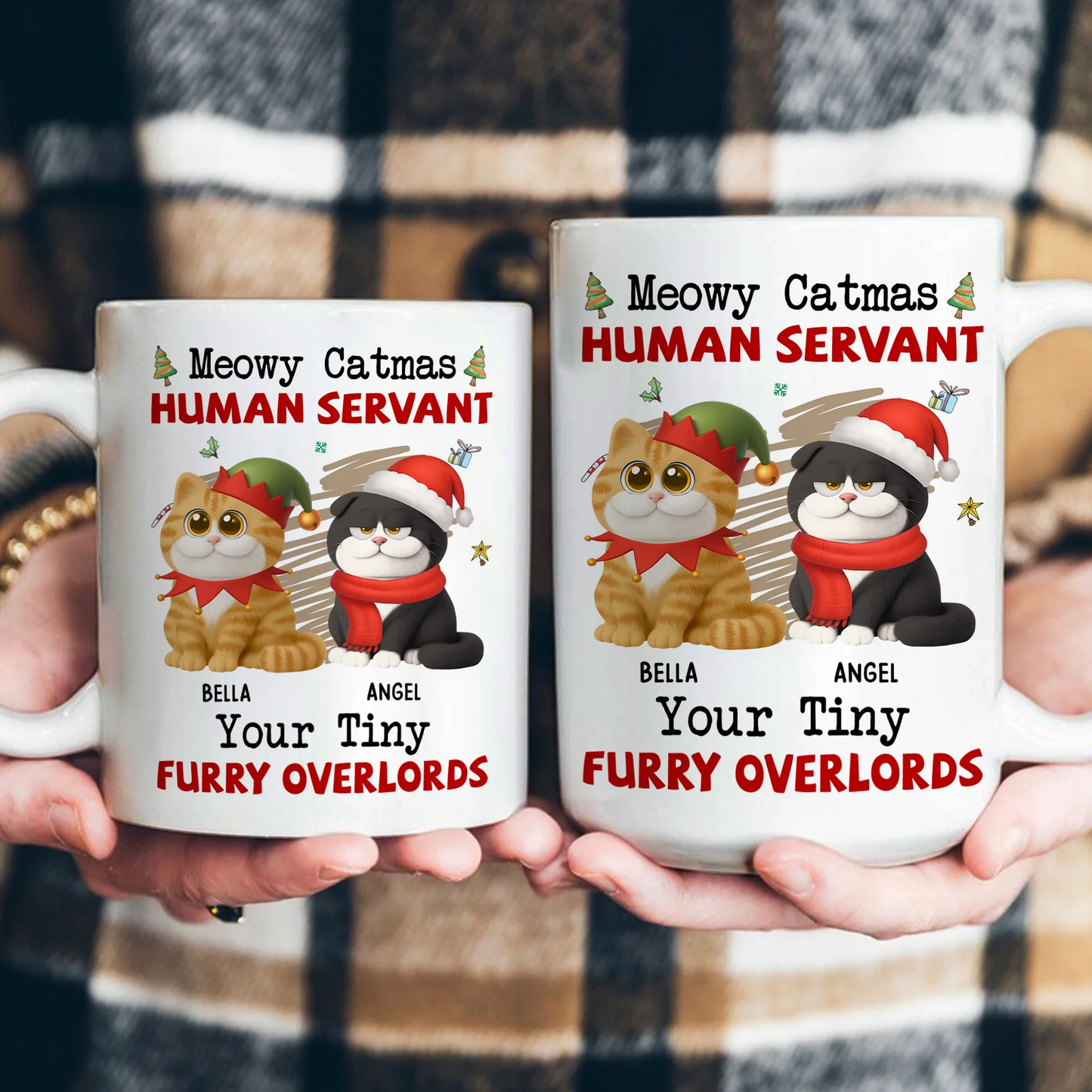 Personalized White Ceramic Mug for Cat Lovers Meowy Catmas Tiny Furry Overlords Design Funny Custom Gift for Your Human Servant