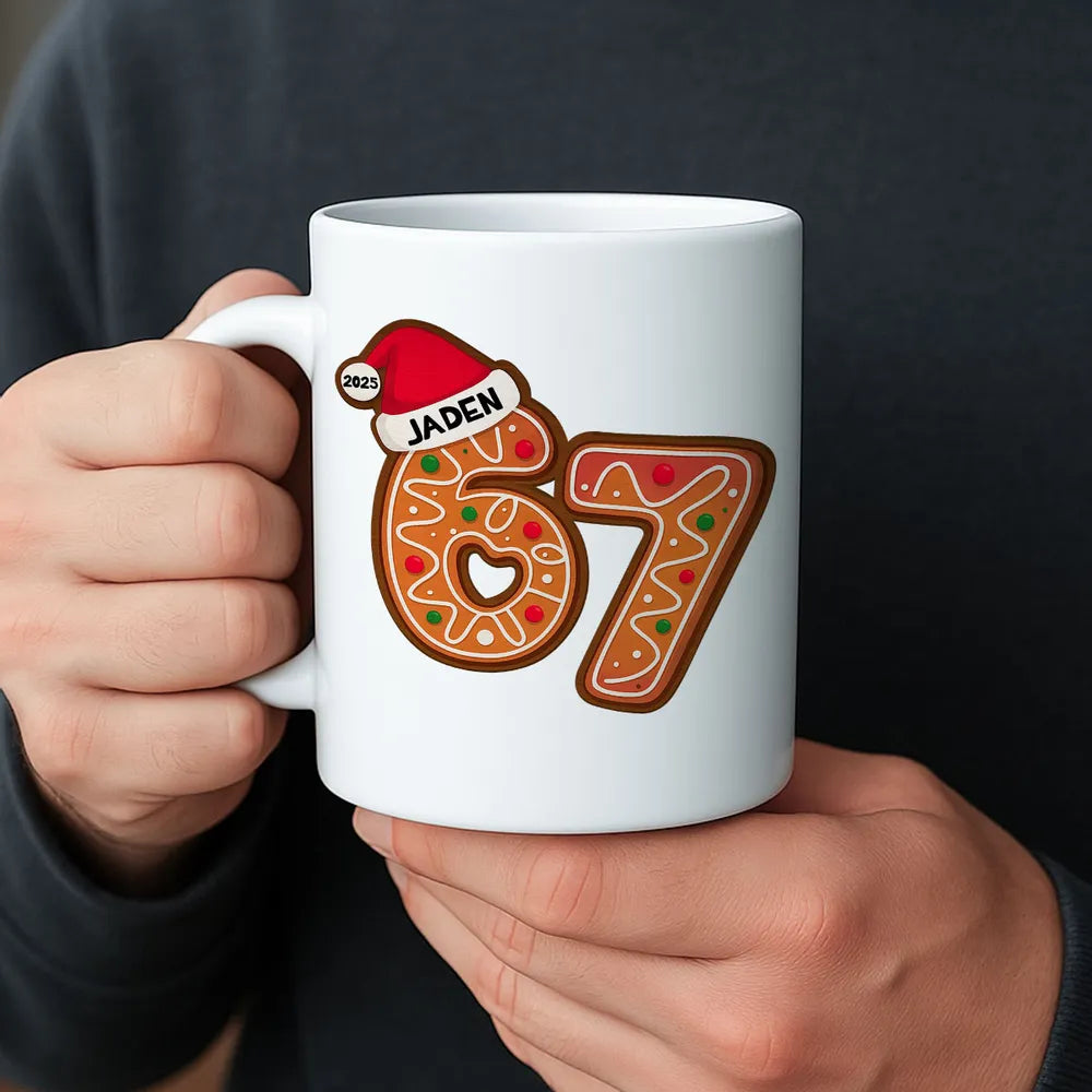Personalized "67" Christmas Mug with Cute Cookie Design, Custom Name Holiday Gift for Kids, Teens & Grandkids