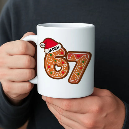 Personalized "67" Christmas Mug with Cute Cookie Design, Custom Name Holiday Gift for Kids, Teens & Grandkids