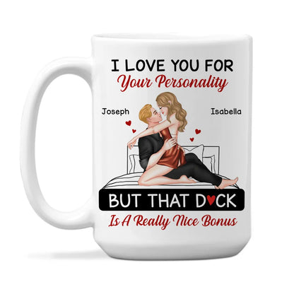 Personalized White Ceramic Mug for Couples with Hugging Bed Scene Fun Romantic Coffee Gift, A Really Nice Bonus Surprise