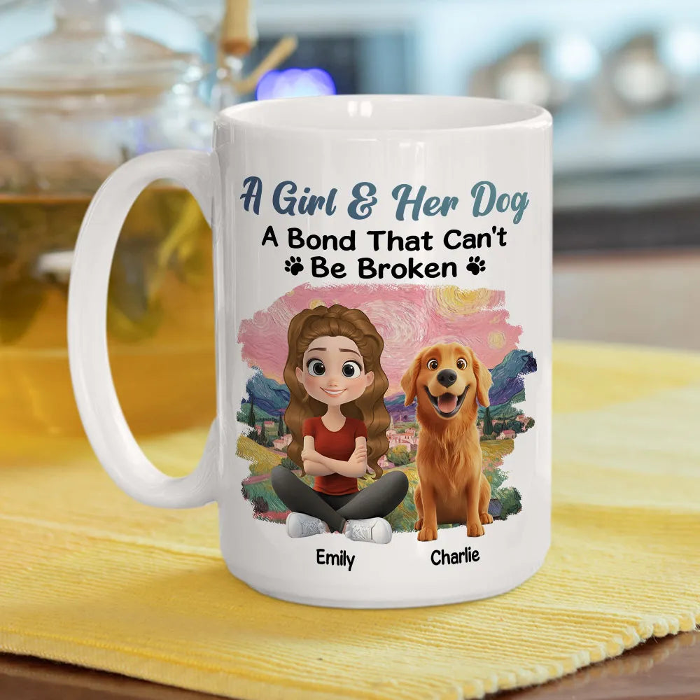 A Girl & Her Dog Ceramic Mug, Personalized Keepsake Gift for Dog Moms, Cute Sunset Illustration for Cozy Coffee