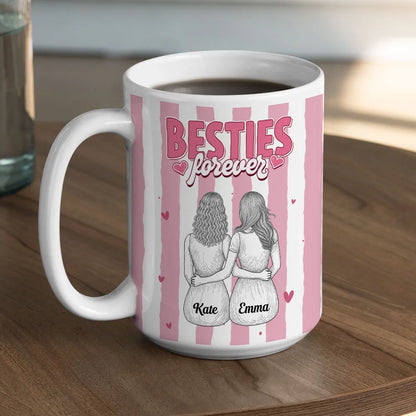 Besties Forever Ceramic Mug, Personalized Coffee Mug for Best Friend or Sister, Sweet Hug Illustration Unique Gift