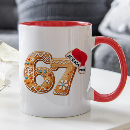 Personalized "67" Christmas Mug with Cute Cookie Design, Custom Name Holiday Gift for Kids, Teens & Grandkids