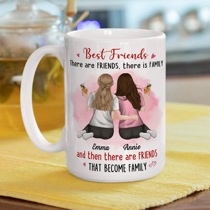 Best Friends White Ceramic Mug Personalized for Two Friends That Become Family, Cute Everyday Coffee Gift