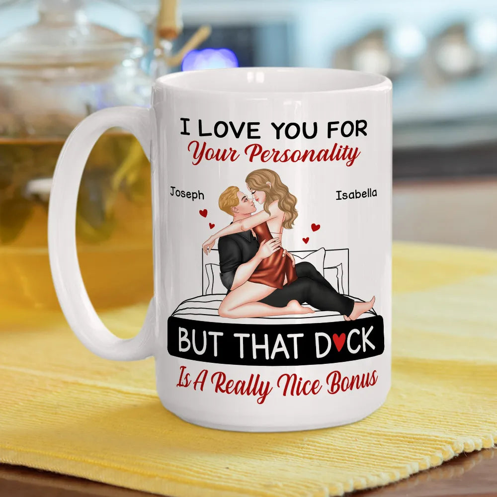 Personalized White Ceramic Mug for Couples with Hugging Bed Scene Fun Romantic Coffee Gift, A Really Nice Bonus Surprise