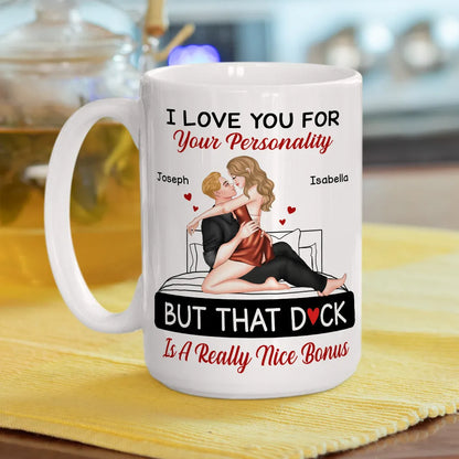 Personalized White Ceramic Mug for Couples with Hugging Bed Scene Fun Romantic Coffee Gift, A Really Nice Bonus Surprise