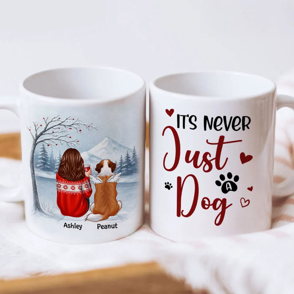 Personalized White Ceramic Mug for Dog Moms with Angel Pup Illustration, Winter Scene, Meaningful Pet Memorial Gift