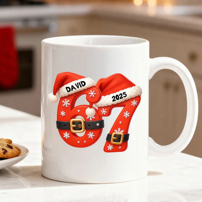 Personalized "67" Christmas Mug with Cute Cookie Design, Custom Name Holiday Gift for Kids, Teens & Grandkids
