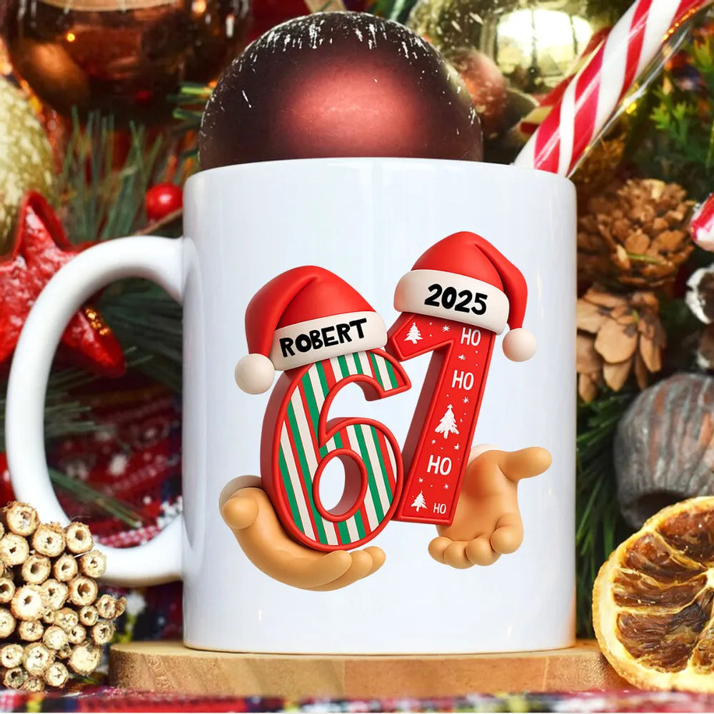 Personalized "67" Christmas Mug with Cute Cookie Design, Custom Name Holiday Gift for Kids, Teens & Grandkids