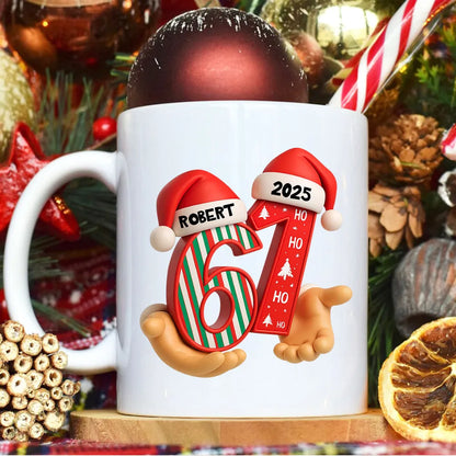 Personalized "67" Christmas Mug with Cute Cookie Design, Custom Name Holiday Gift for Kids, Teens & Grandkids