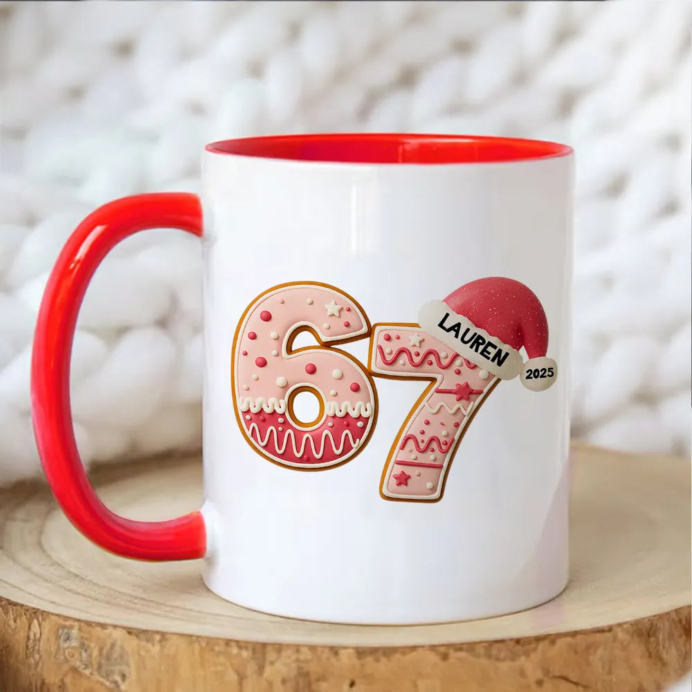 Personalized "67" Christmas Mug with Cute Cookie Design, Custom Name Holiday Gift for Kids, Teens & Grandkids