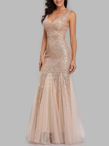 Sequin Tulle V-Neck Mermaid Floor Length Prom Dresses