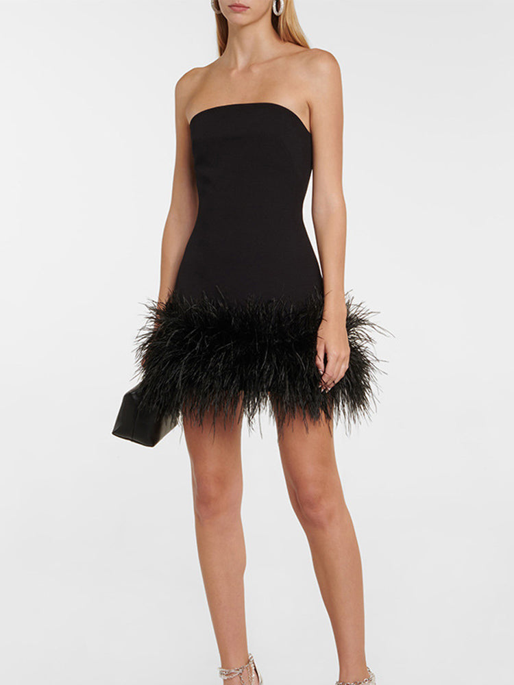 Feather-trimmed Bandeau Neck A-line Mini Dress