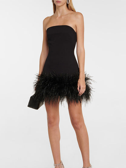 Feather-trimmed Bandeau Neck A-line Mini Dress