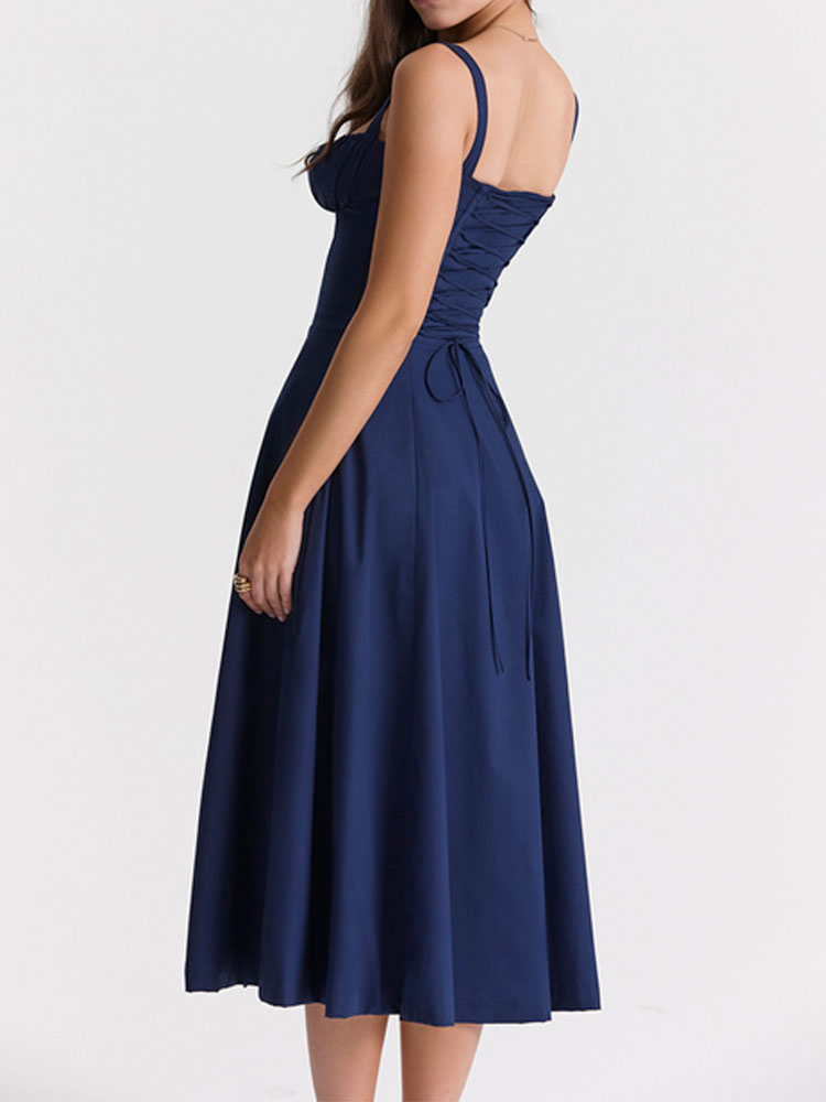 High Waist Back Lace Up Side Slit Midi Dress